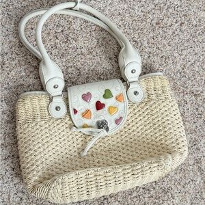 Vintage Brighton Farah leather and Weave Straw bag with multi color heart flap